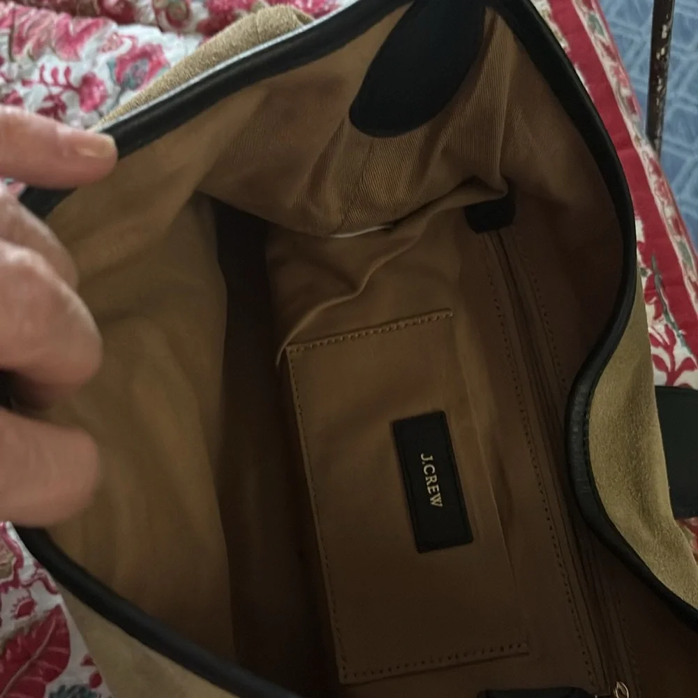 J. Crew Tan Suede Shoulder Bag with Black Trim and Gold Accent